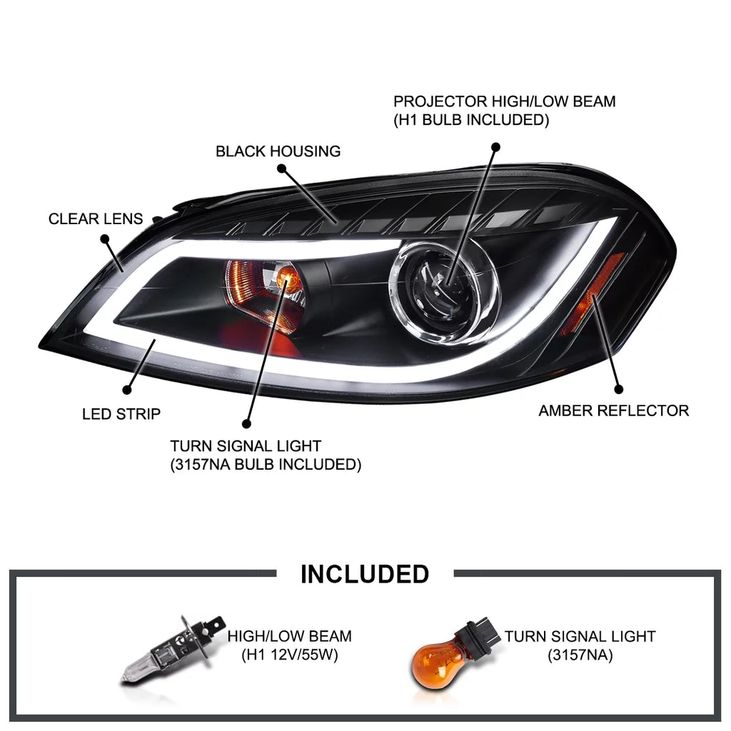 Black LED Strip Bar Projector Headlights Left + Right Pair O45708