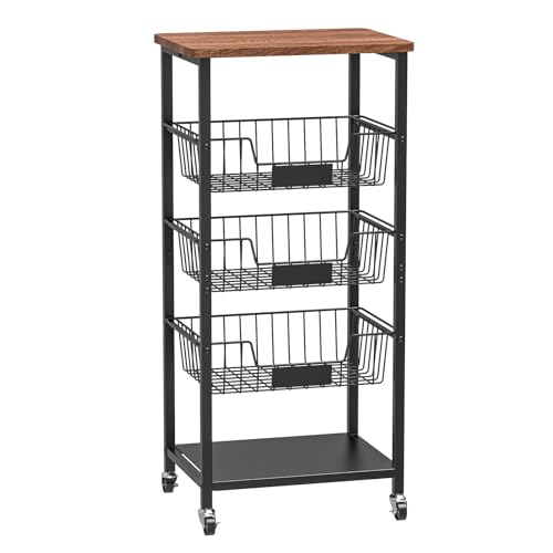 5-Tier Rolling Kitchen Storage Cart with Baskets and Wood Top J8765