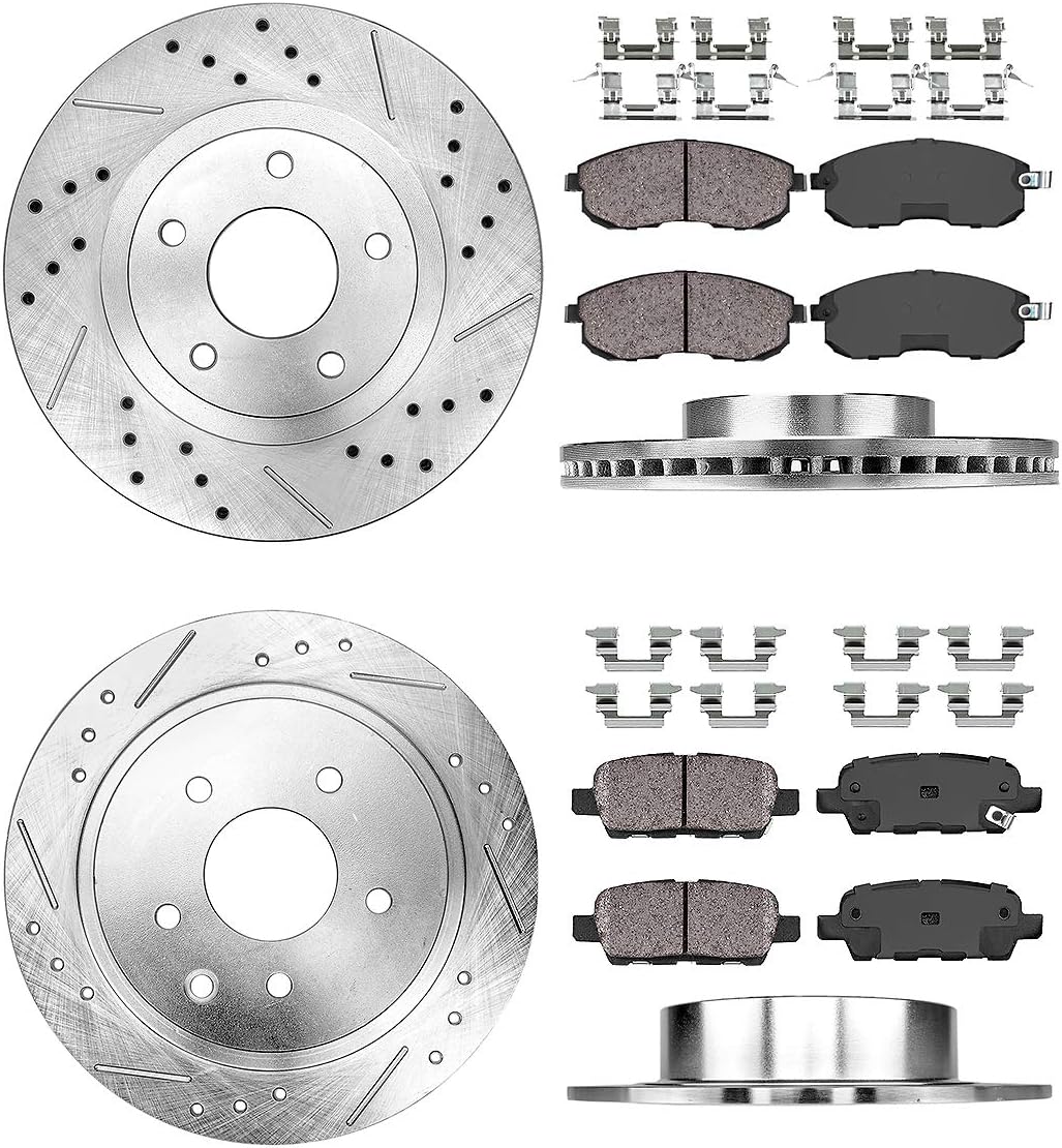 296mm Front + 291.3mm Rear 5 Lug Rotors + Ceramic Brake Pads + Clips P7654