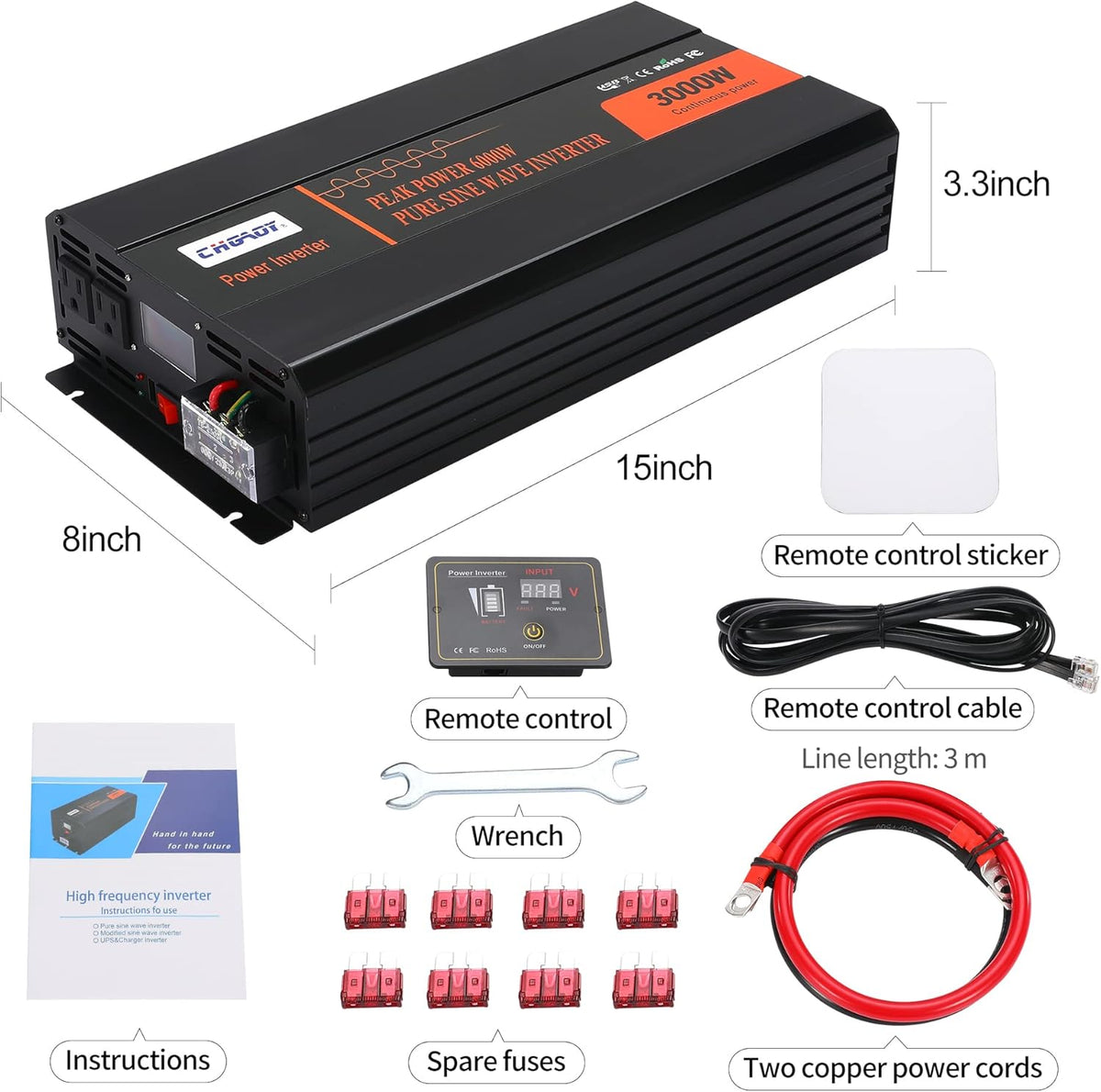 3000W Pure Sine Wave Power Inverter DC 12V to AC 120V with LCD Digital Display Remote Control USB Port H54187