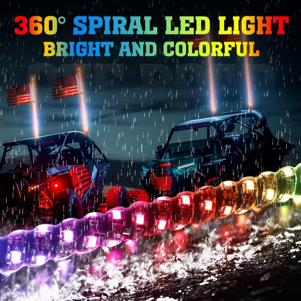 LED Whip Lights with Bluetooth and Flag Pole, 366+ Lighting Modes RGB, 2pcs 3ft O6108
