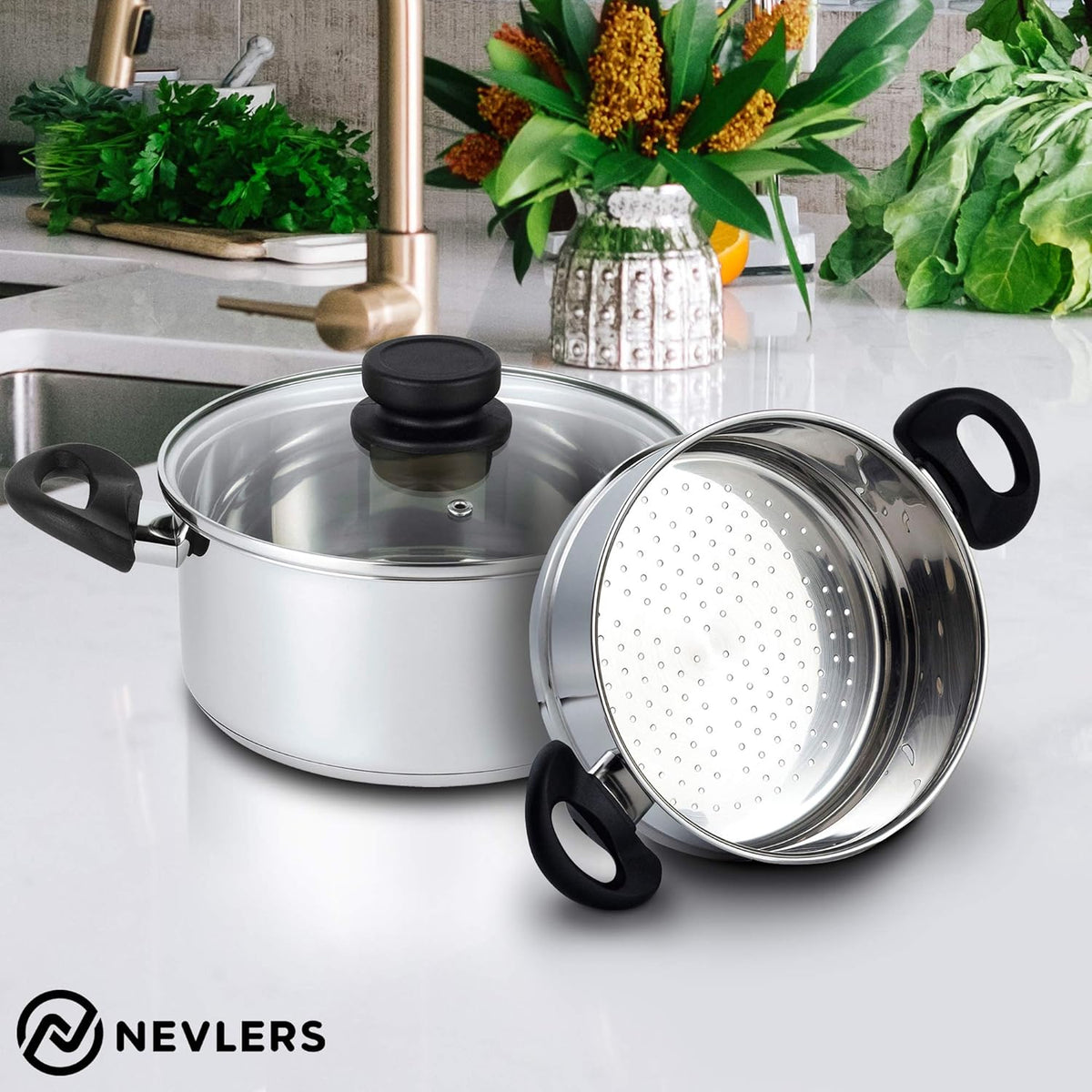 Stainless Steel 3 Quart Steamer Pot with 2 Quart Steamer Insert plus Vented Lid 3 Piece Set F557