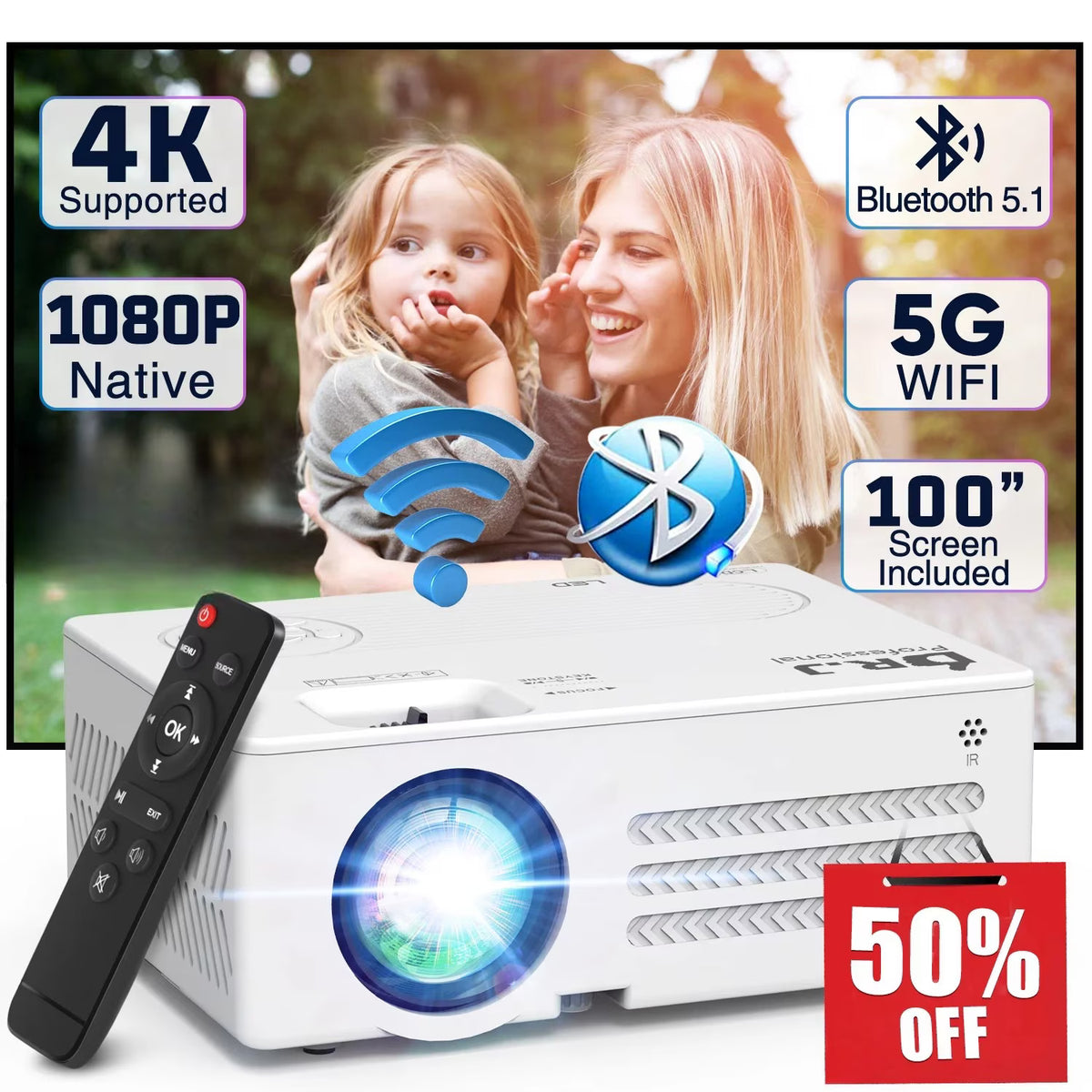 4K Supported Native 1080P Video Projector with 100" Screen Q28943