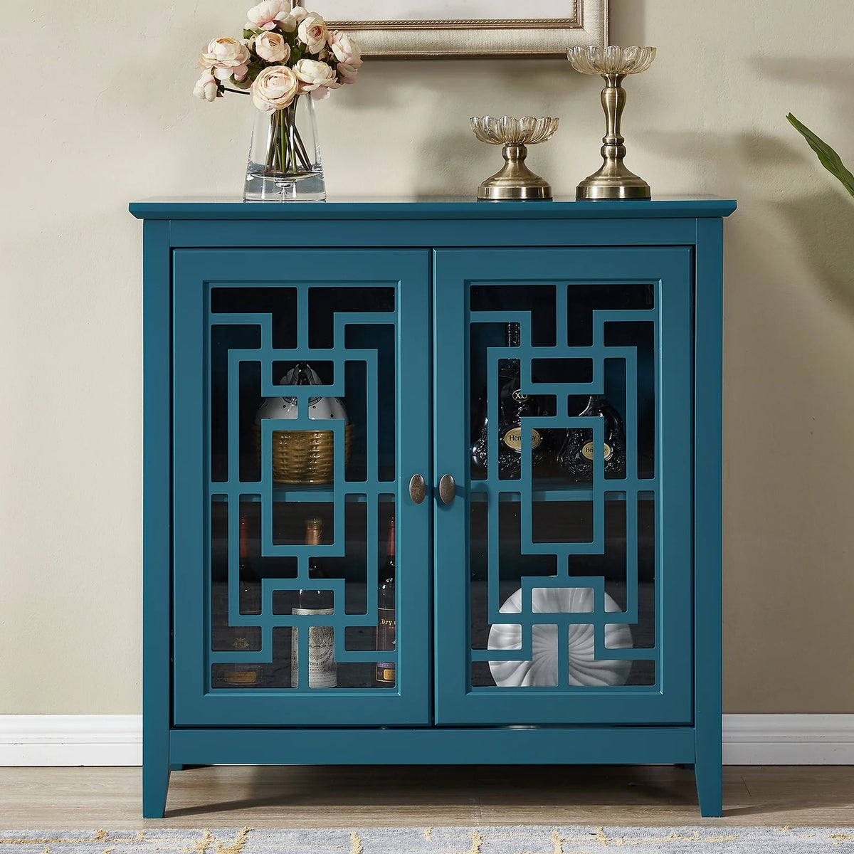 Teal Blue Wooden Buffet Cabinet with Adjustable Shelves Y677