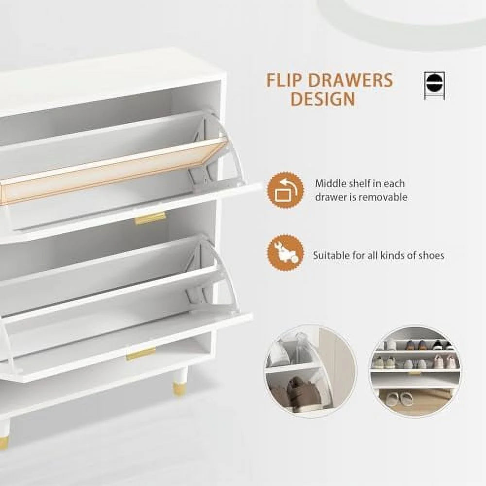 White 2 Flip Drawers Slim Shoe Cabinet G82491