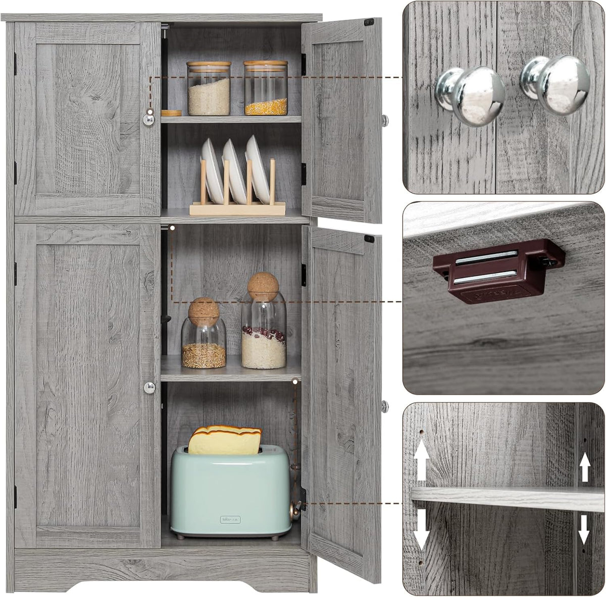 Grey Storage Cabinet with 4 Doors and Adjustable Shelf A126228