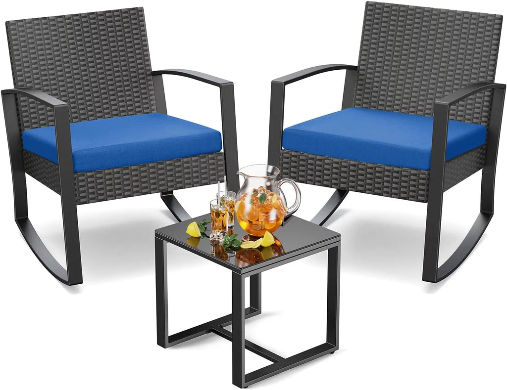 Patio Chairs Set with Glass Coffee Table and Gray Cushion B7215