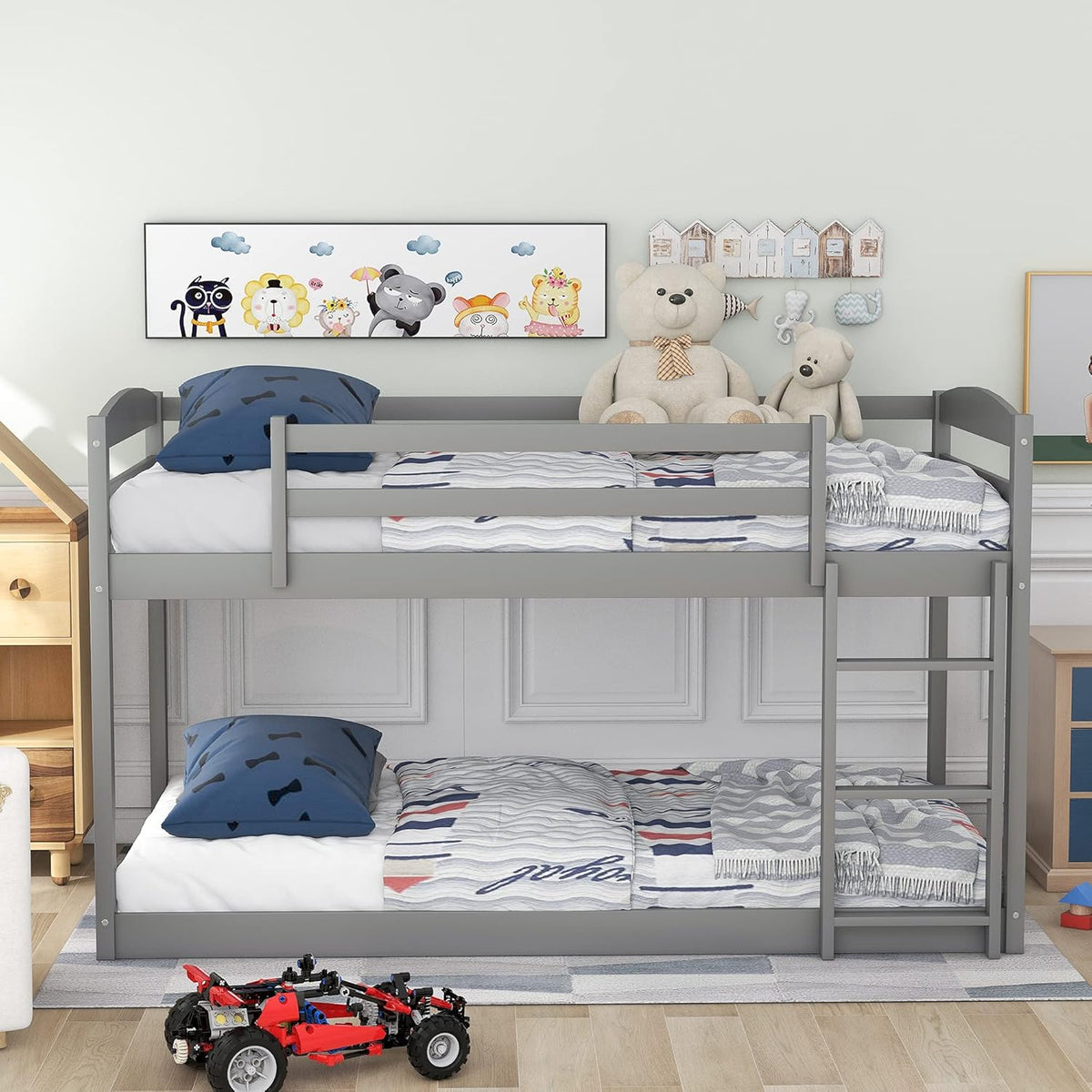 Gray Solid Wood Twin Over Twin Bunk Bed Frame with Ladder and Guardrails J231237