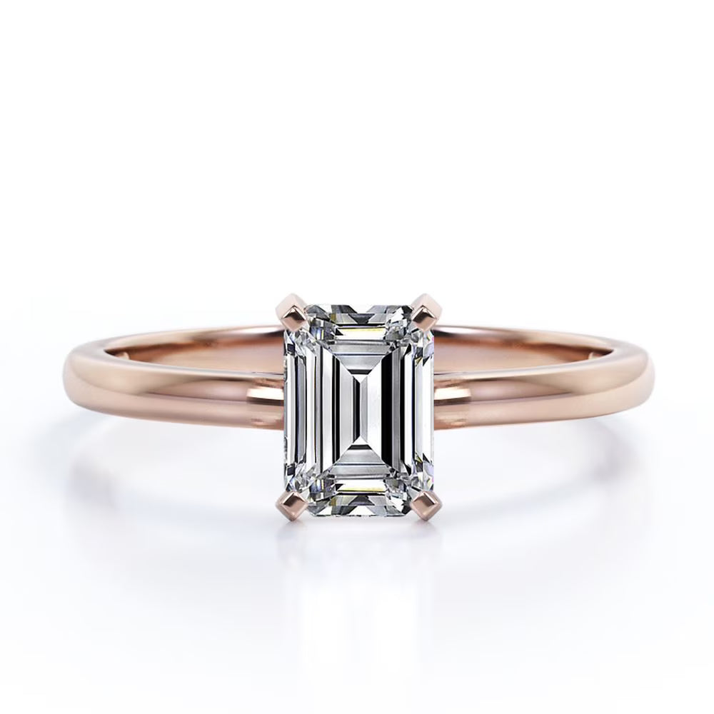 18K Rose Gold Plating Over Silver Emerald Cut Moissanite Solitaire Ring O1500