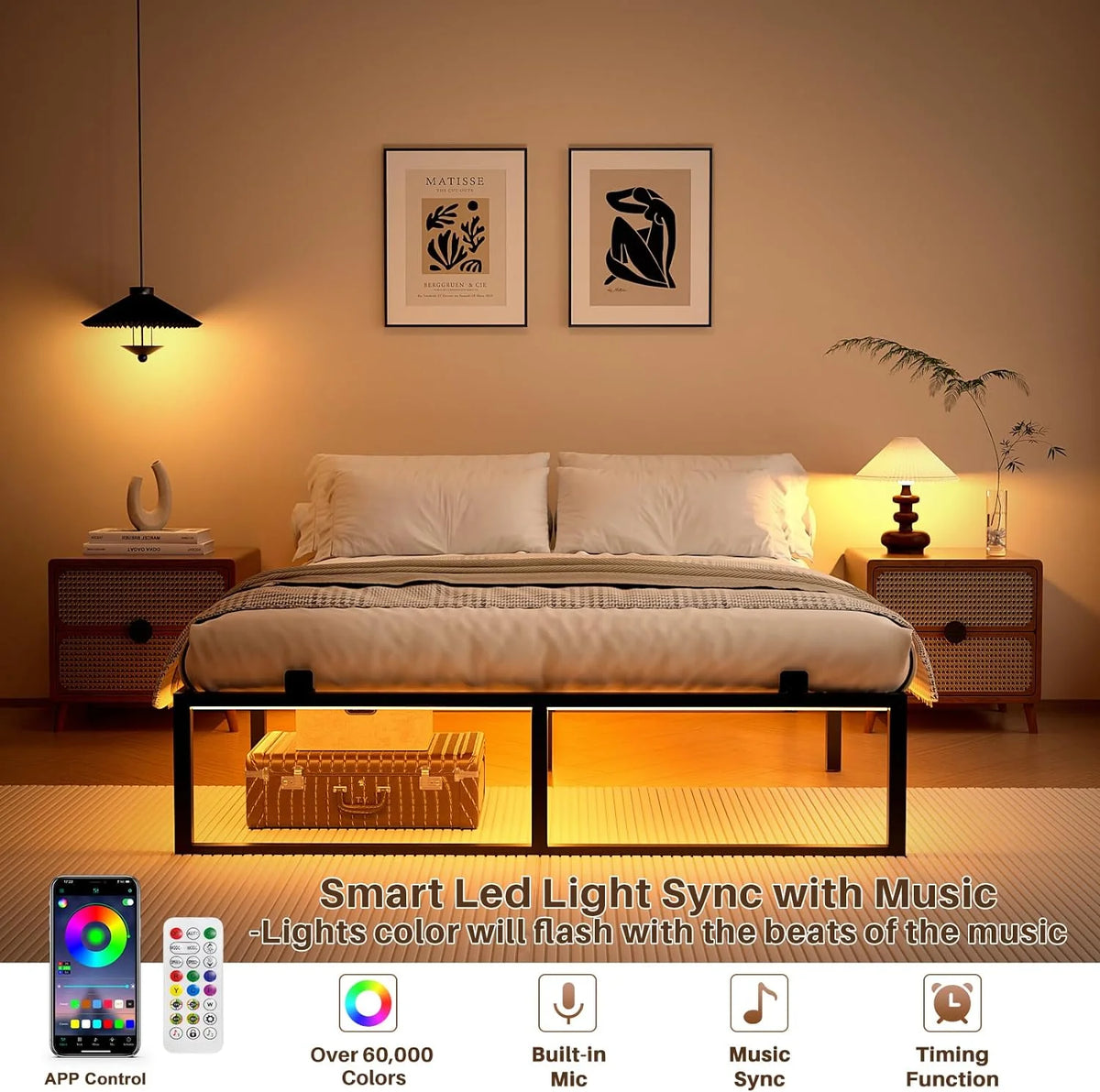 14 Inch Queen Size Metal Platform Bed Frame with Charging Station and LED Lights U4870