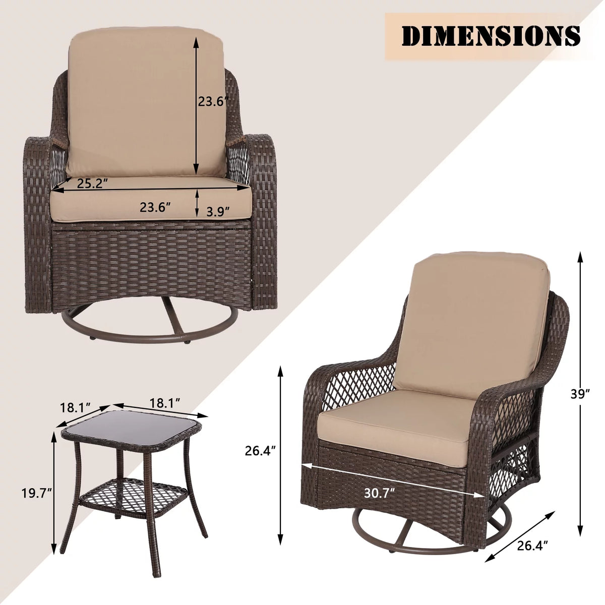 3-Pieces Patio Wicker Furniture Set with Side Table and Cushions X914