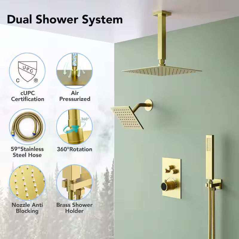 Brushed Gold Thermostatic Ceiling Mount Shower Head Z19181