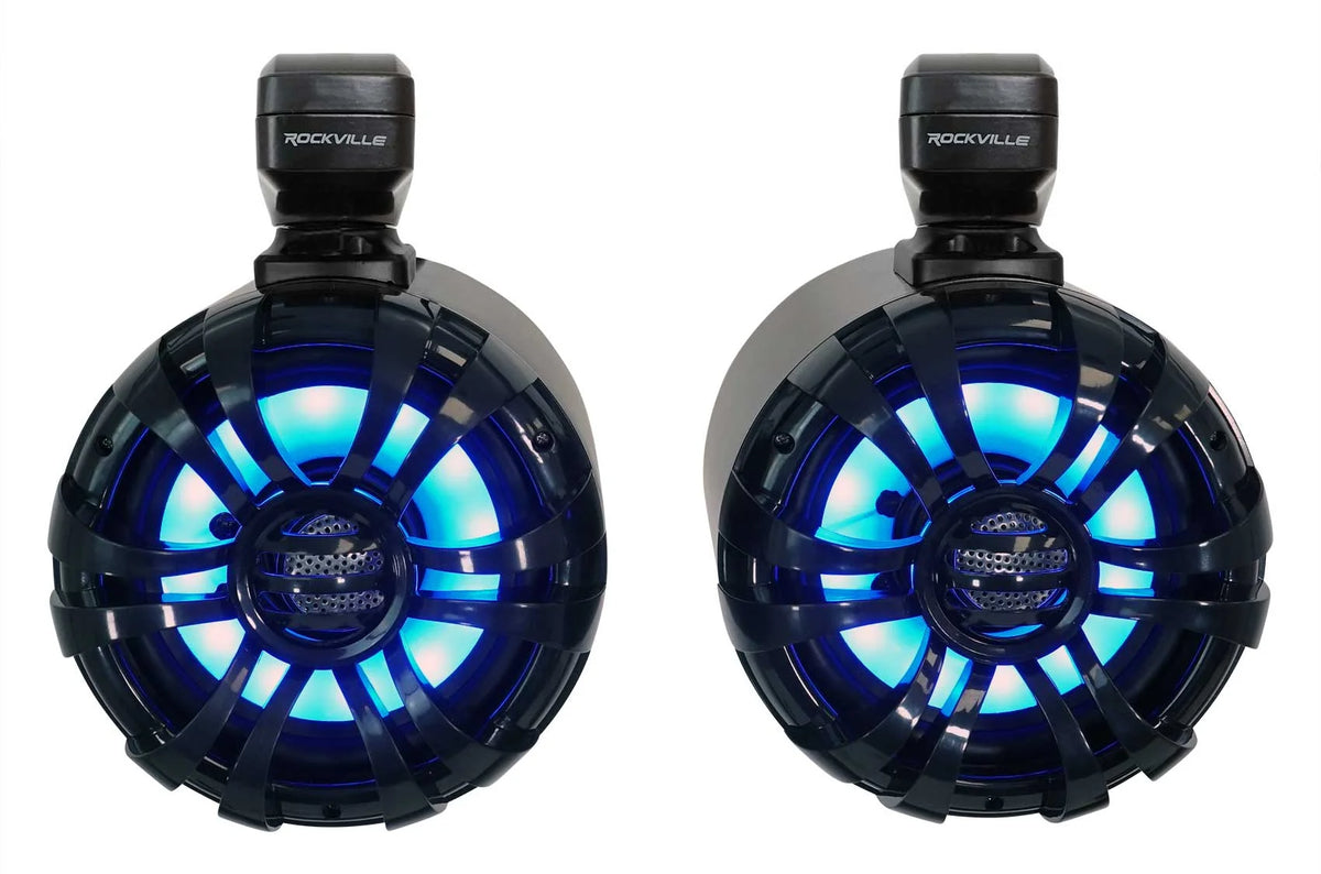 6.5" LED Swivel Black Marine Wakeboard Speakers with Receiver Amp Wires C176054