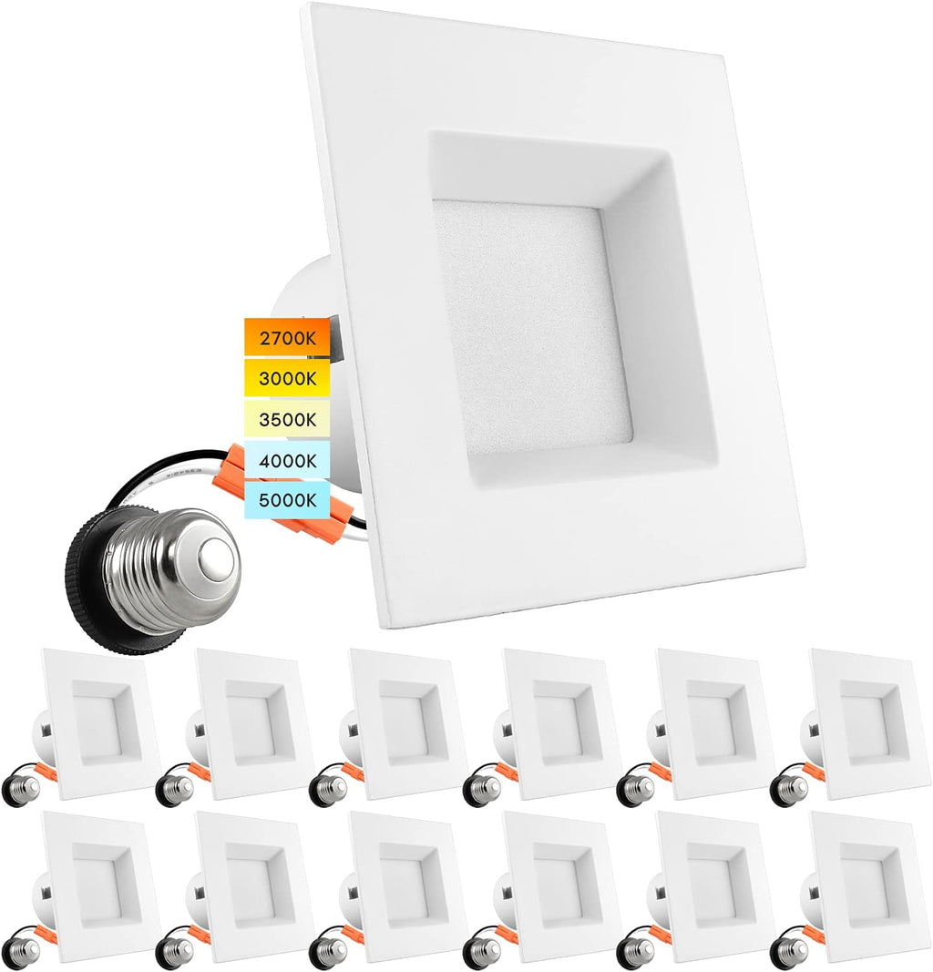 4 Inch Square Recessed LED Can Lights, Selectable CCT, Dimmable, 750 Lumens, CRI 90, Wet Rated (4 Pack) A747
