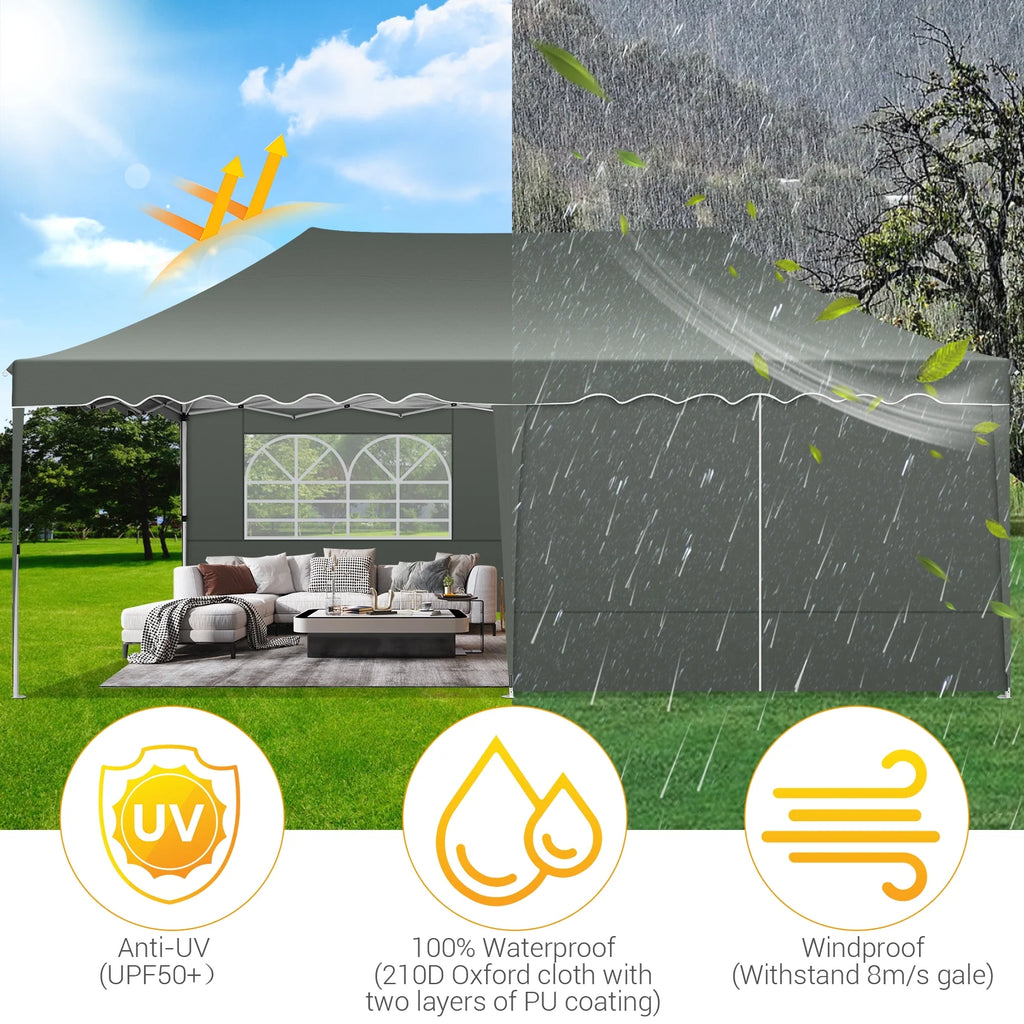 10' x 20' Pop Up Canopy Tent with 6 Removable Sidewalls, Carry Bag, 4 Sandbags, Gray L841