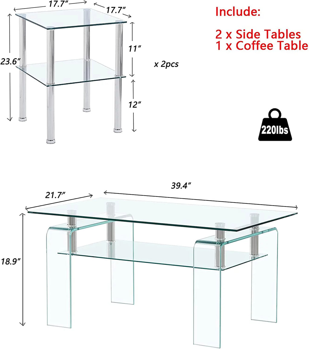 Glass Coffee Table End Table Sets of 3 with Storage Metal Leg X6323