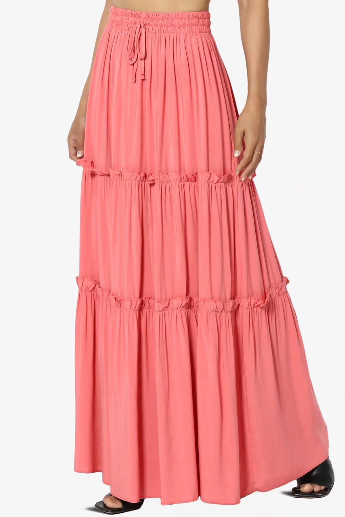 Ruffle Tiered Drawstring High Rise A-Line Maxi Skirt Y28077