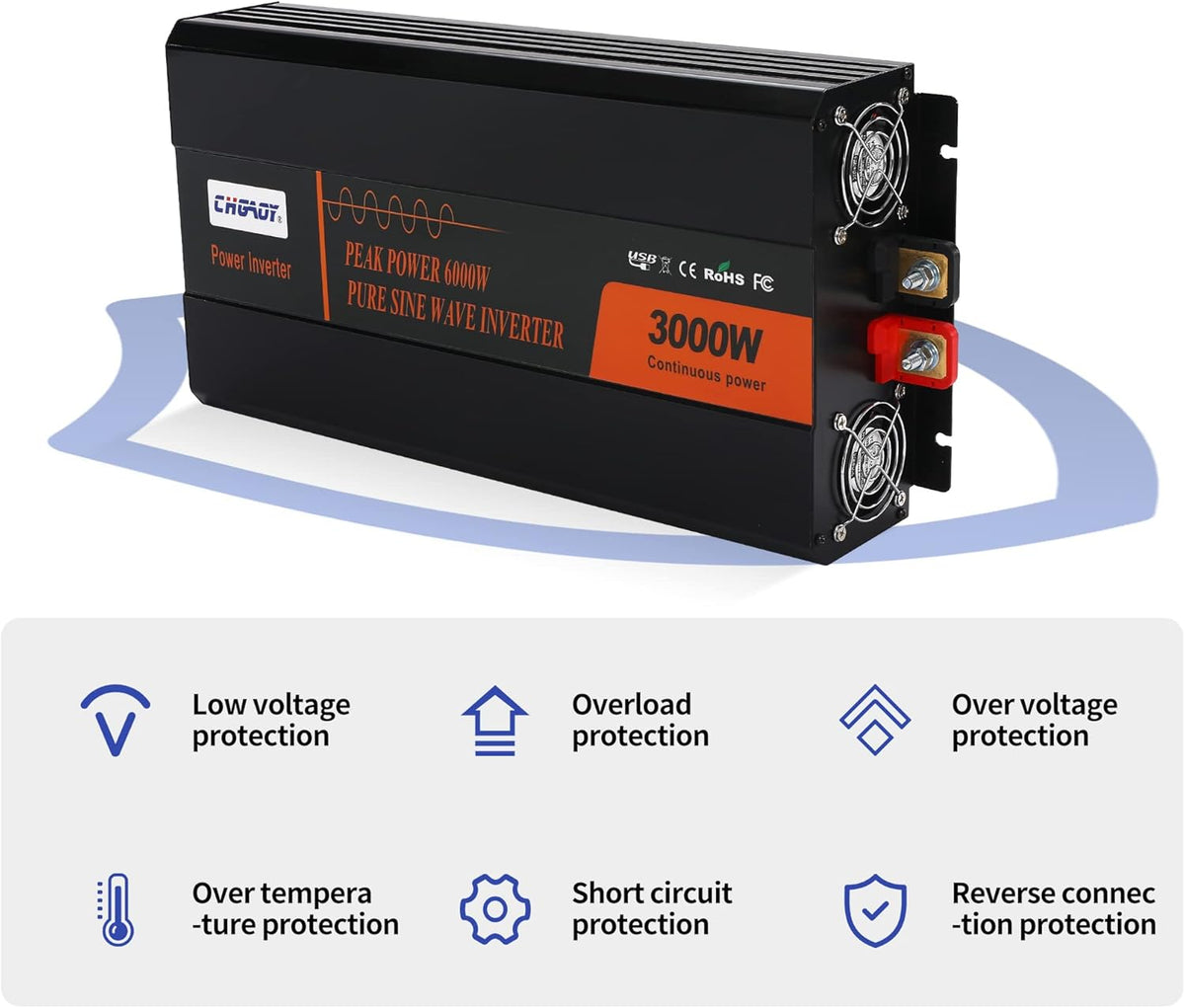 3000W Pure Sine Wave Power Inverter DC 12V to AC 120V with LCD Digital Display Remote Control USB Port H54187