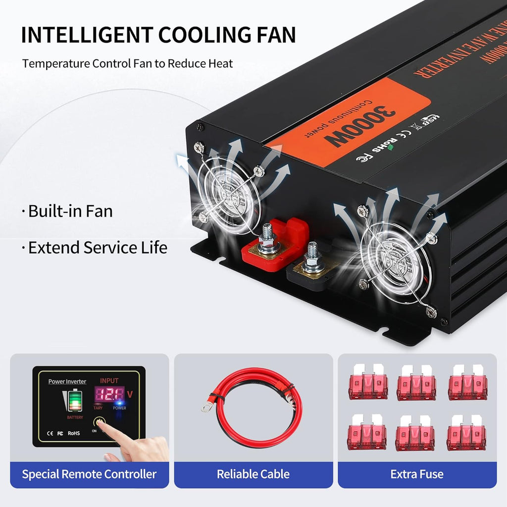 3000W Pure Sine Wave Power Inverter DC 12V to AC 120V with LCD Digital Display Remote Control USB Port H54187