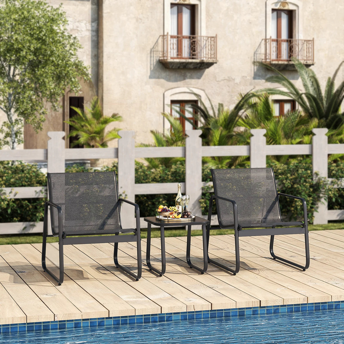 Patio Chairs Set with Glass Coffee Table and Gray Cushion B7215