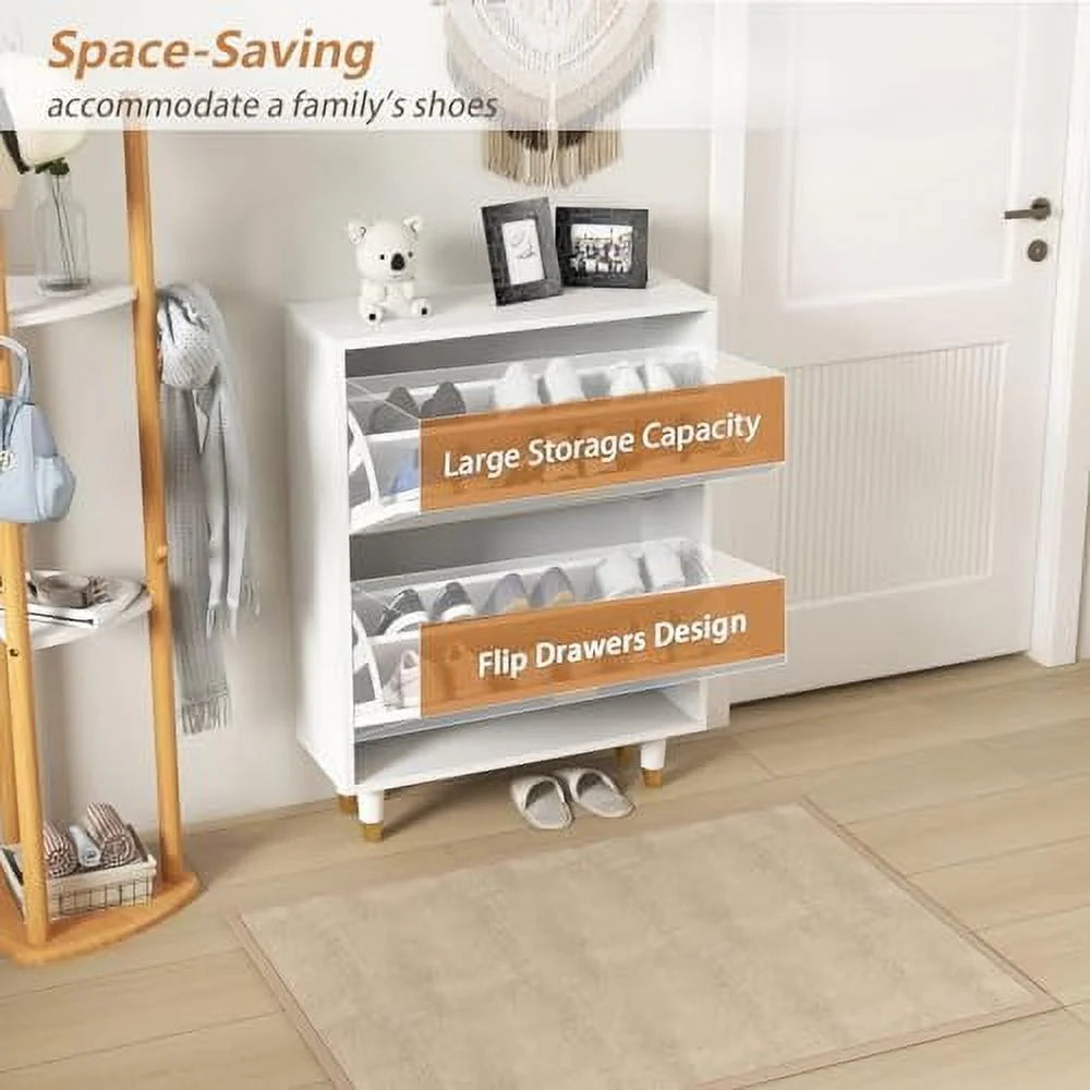 White 2 Flip Drawers Slim Shoe Cabinet G82491