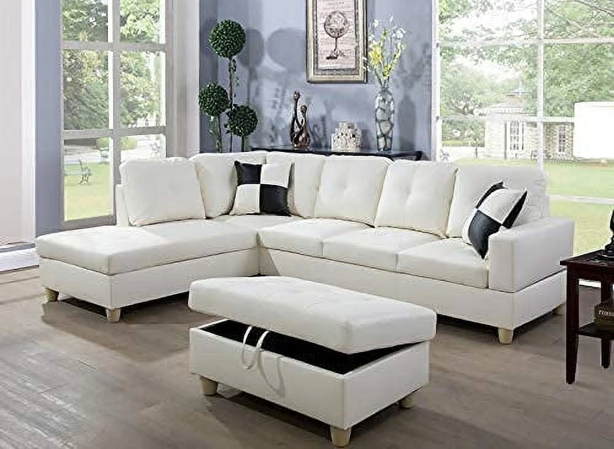 Cream Left Facing Sleeper Sectional with Storage Ottoman R457