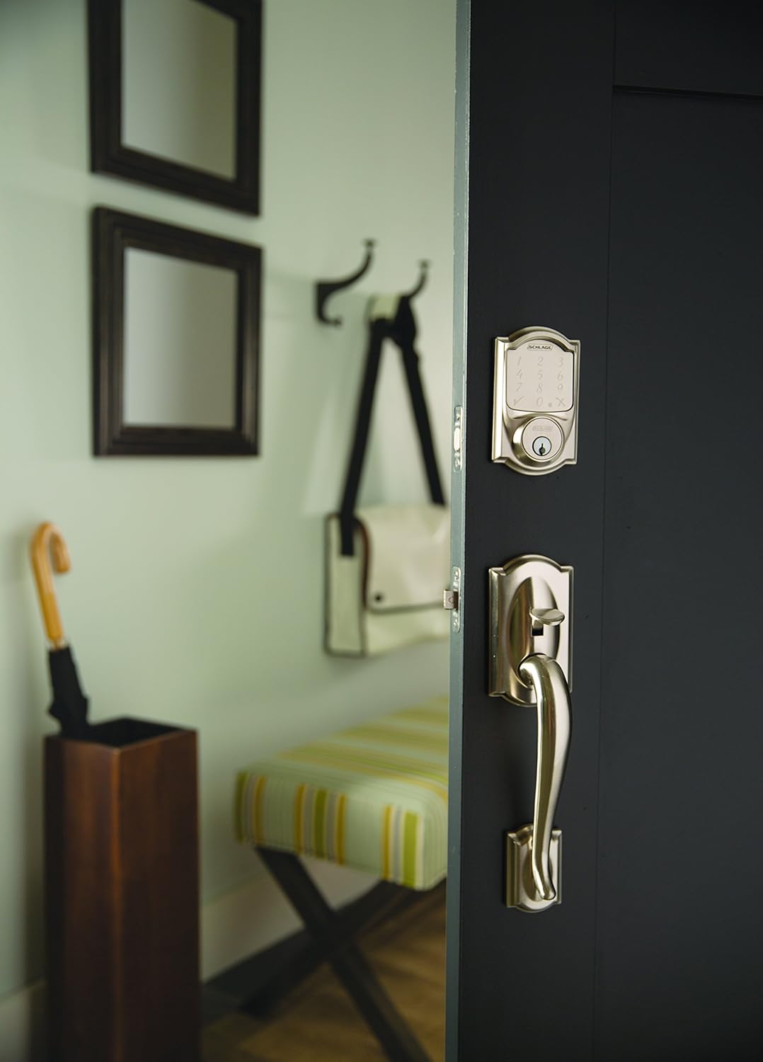 Satin Nickel Smart Deadbolt with Camelot Trim & Front Entry Handleset with Left Hand Lever K65485