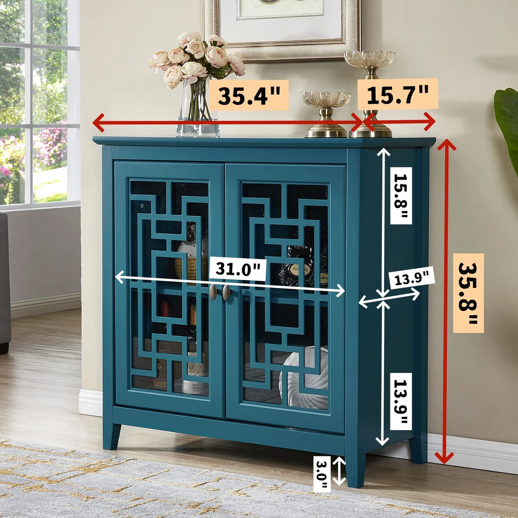 Teal Blue Wooden Buffet Cabinet with Adjustable Shelves Y677