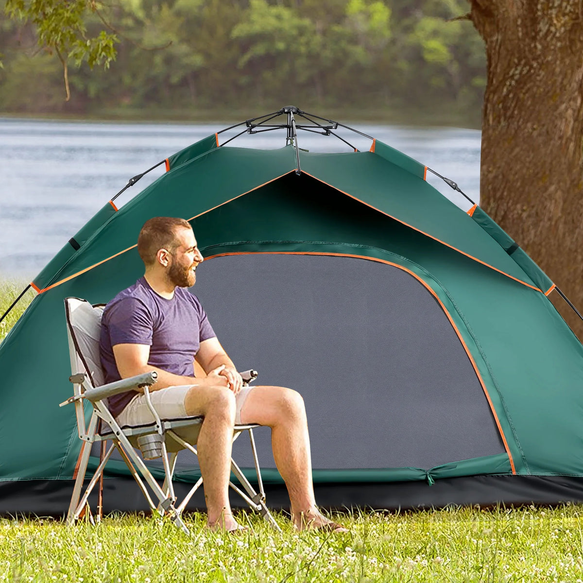 4 Person Pop up Camping Tent, Green R65217