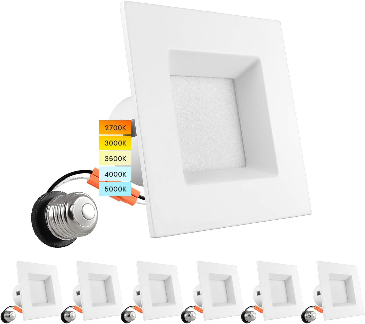 4 Inch Square Recessed LED Can Lights, Selectable CCT, Dimmable, 750 Lumens, CRI 90, Wet Rated (4 Pack) A747