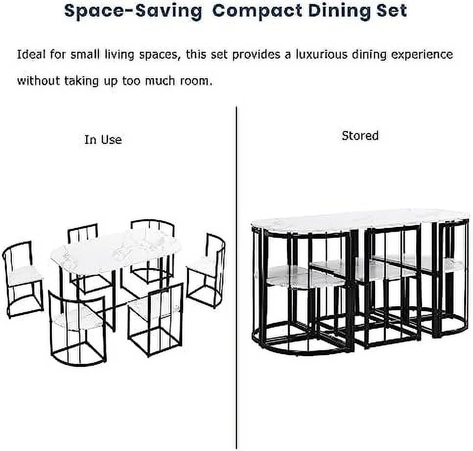 Compact Faux Marble Dining Table and Chairs 7 Piece Set T56764
