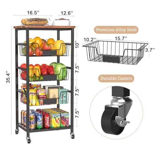 5-Tier Rolling Kitchen Storage Cart with Baskets and Wood Top J8765