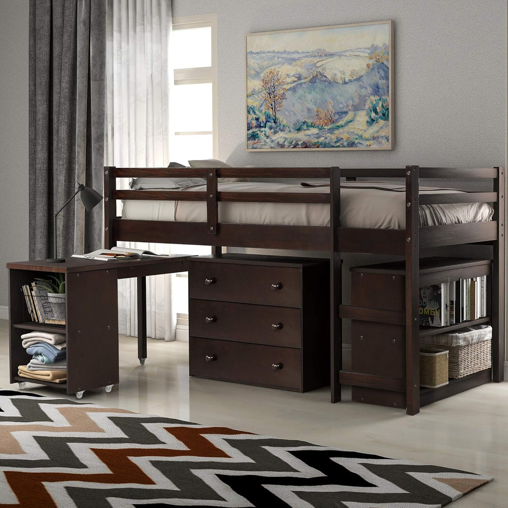 Twin Size Espresso Loft Bed with Desk and Storage Cabinet R8502