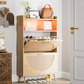 Natural LED Rattan Wood Shoe Storage Cabinet with 2 Flip Drawers H6831