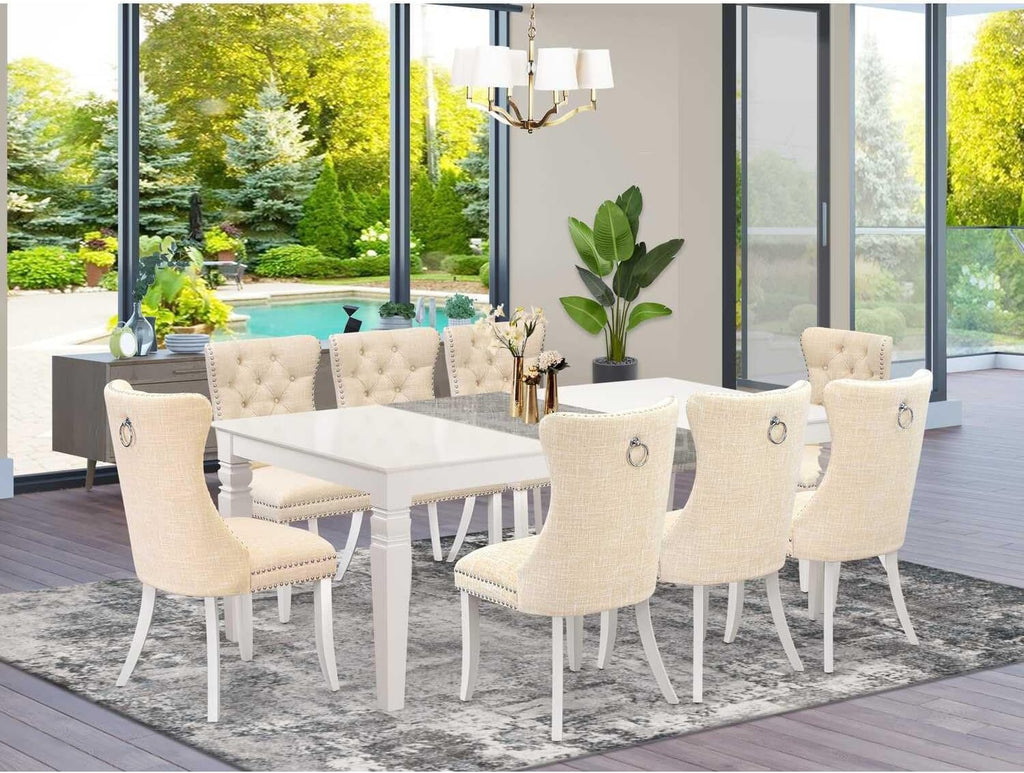 9 Piece Dining Set with Rectangle Kitchen Table and 8 Padded Chairs, Linen White M564302