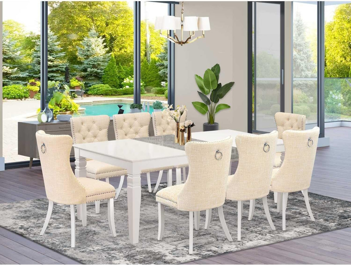 9 Piece Dining Set with Rectangle Kitchen Table and 8 Padded Chairs, Linen White M564302
