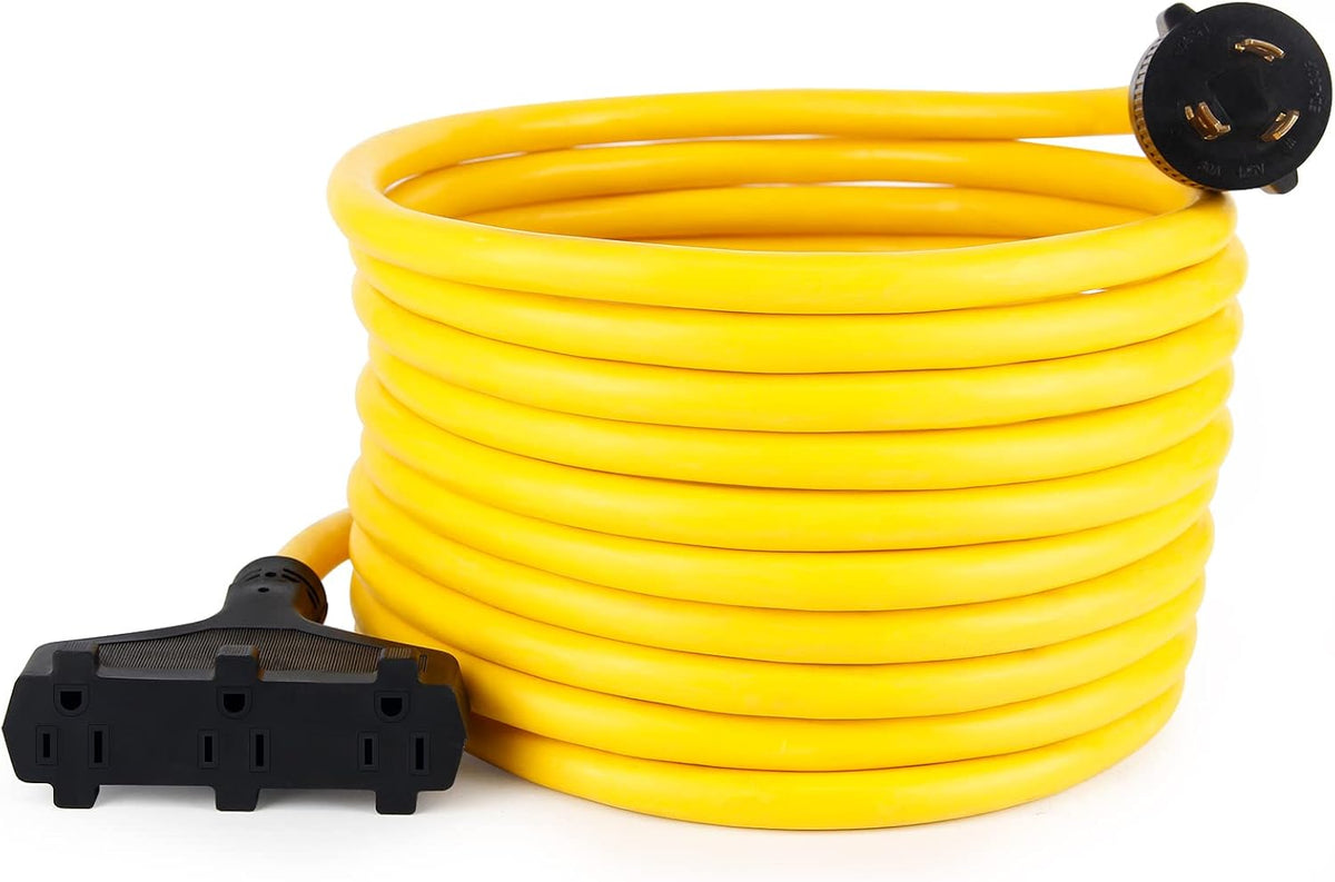 25ft Heavy Duty Generator Power Extension Cord with Cord Organizer, 3 Outlet 10 Gauge Flexible Power Cable Pack of 2 J883