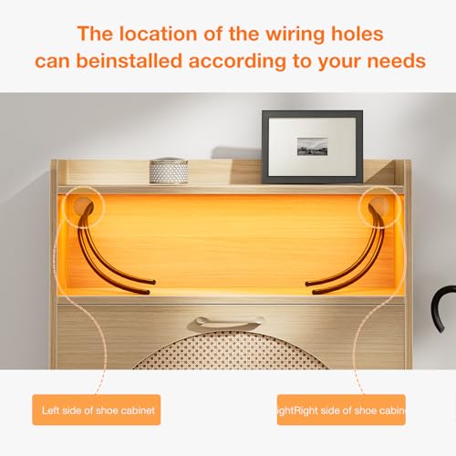 Natural LED Rattan Wood Shoe Storage Cabinet with 2 Flip Drawers H6831