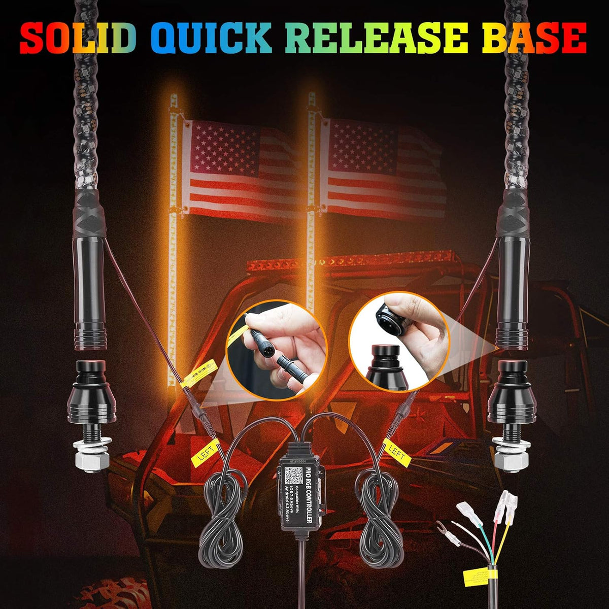 LED Whip Lights with Bluetooth and Flag Pole, 366+ Lighting Modes RGB, 2pcs 3ft O6108