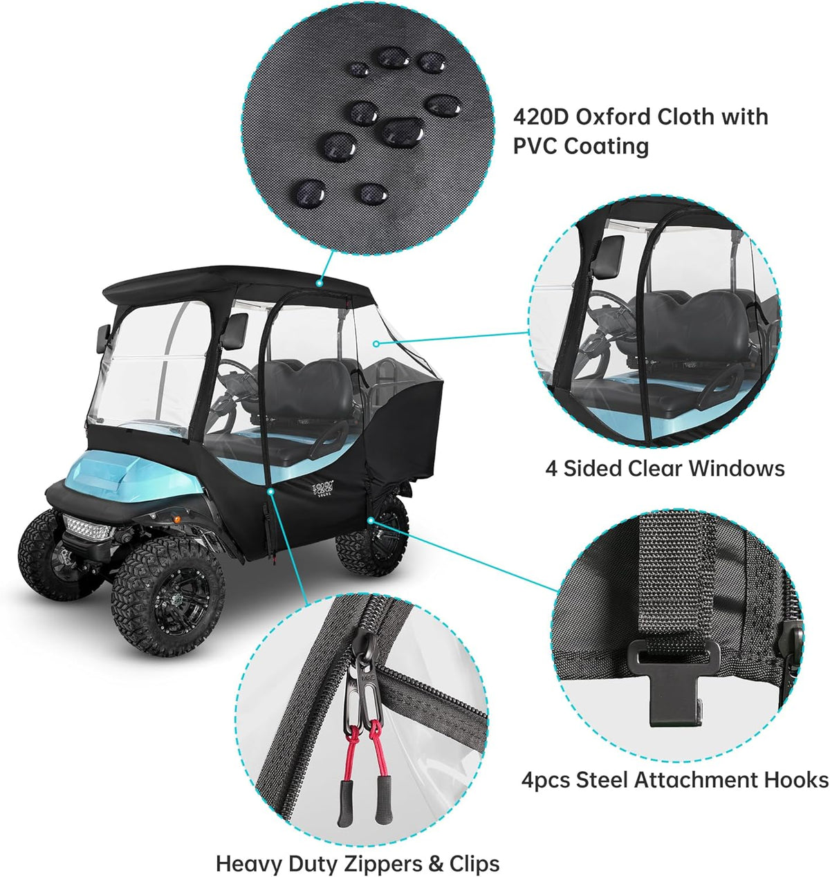 4 Passenger Golf Cart Enclosure with 4-Sided Clear Window 420D Rain Cover Z81044