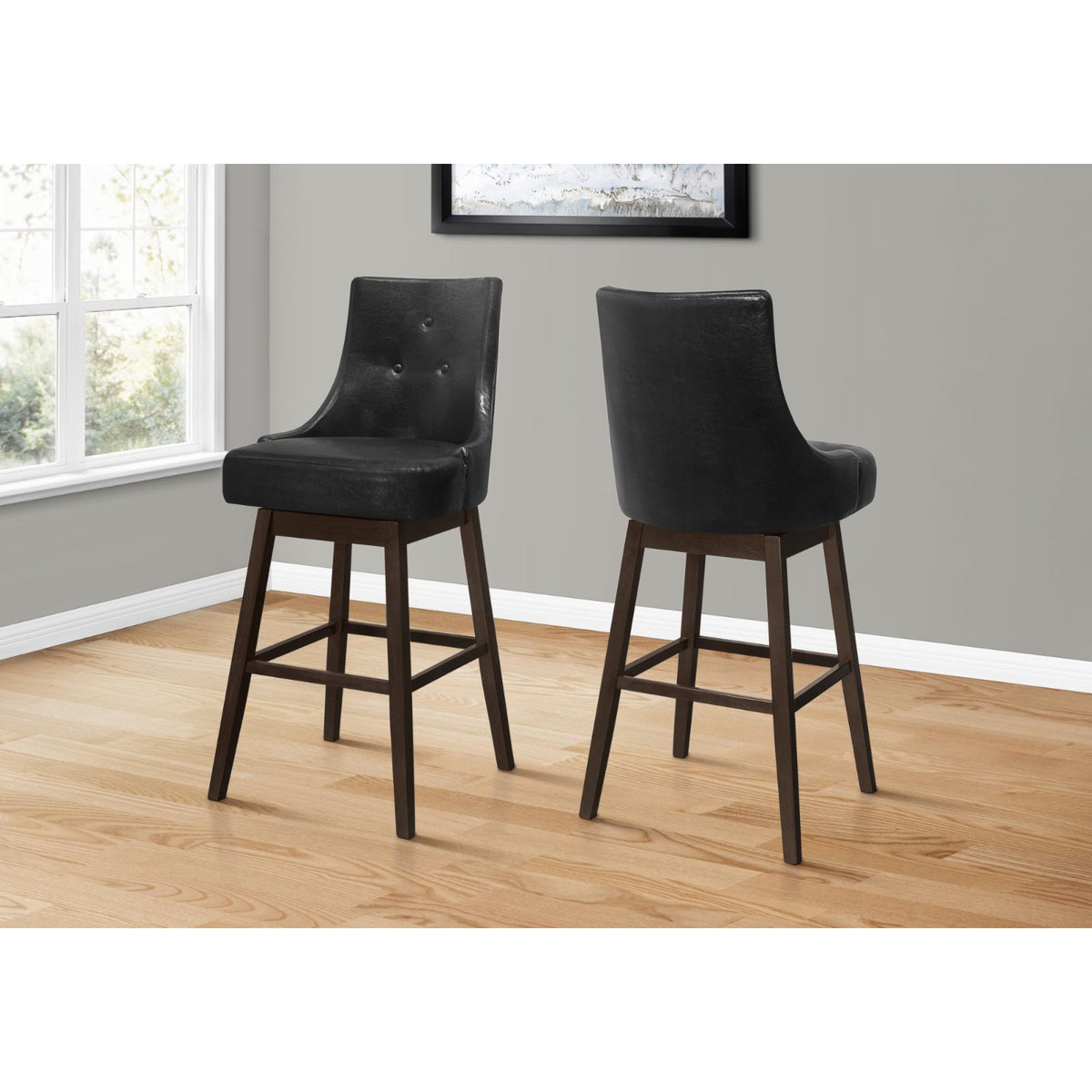 Bar Stool, Set Of 2, Swivel, Bar Height, Brown Wood, Black PU, 45.5" H F472634