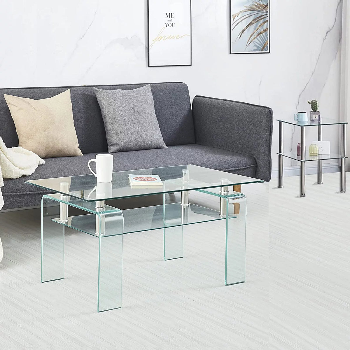 Glass Coffee Table End Table Sets of 3 with Storage Metal Leg X6323