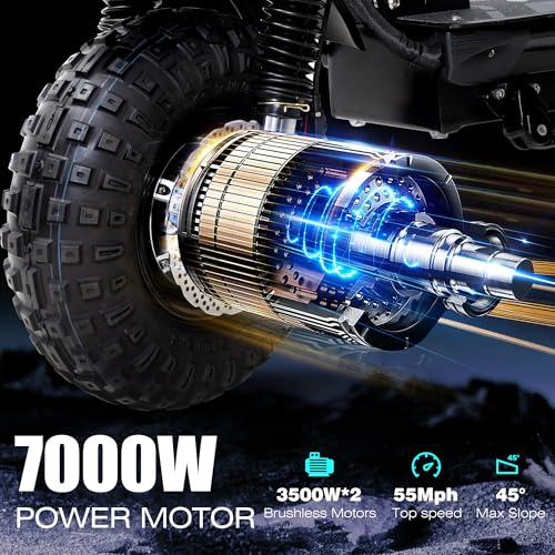 Electric Scooter 7000W Brushless Motor 60V 33Ah Li-Ion Battery 13" All Terrain Tires Full Suspension Adjustable Handlebar Height with Seat I6297