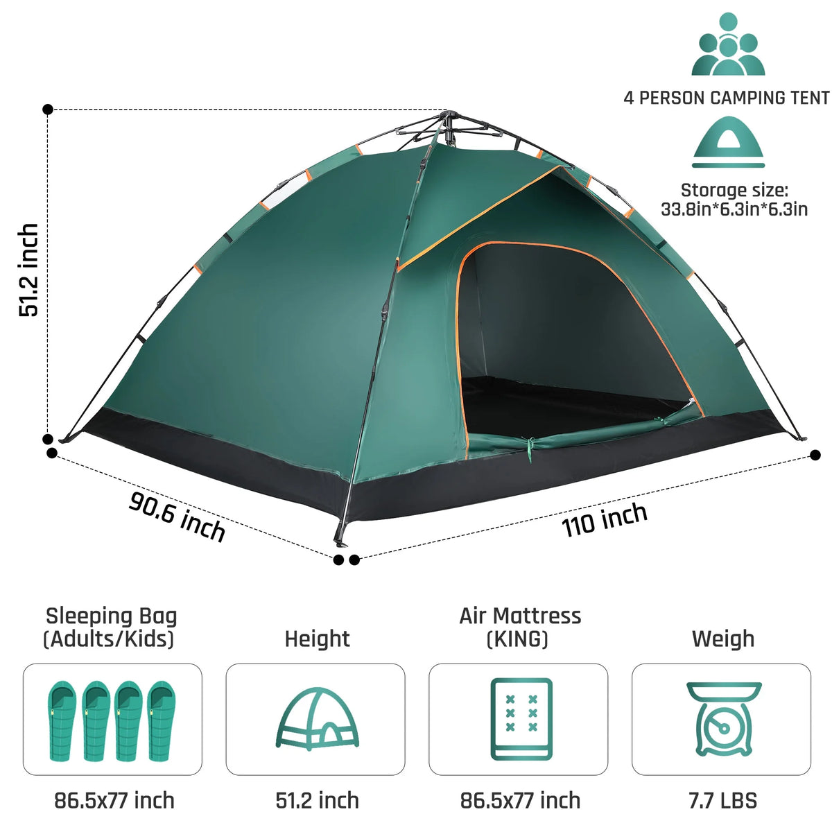 4 Person Pop up Camping Tent, Green R65217