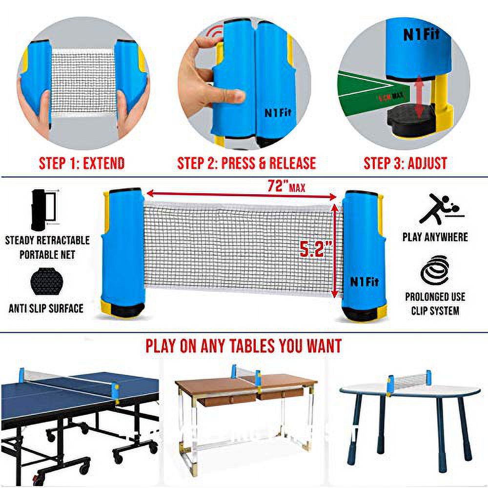4 Professional Table Tennis Rackets, Retractable Net, 6 Balls, Carry Case E28453