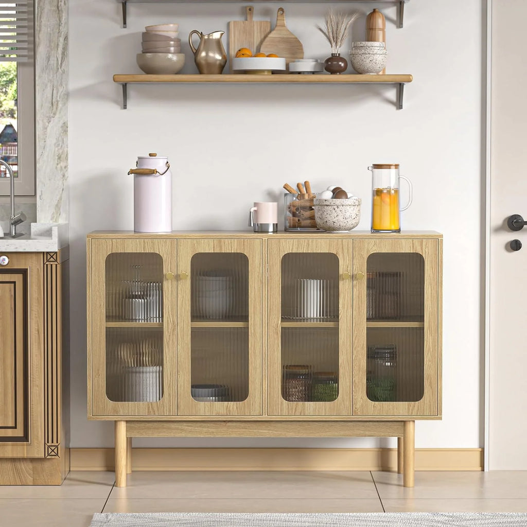 4 Door Wood Buffet Cabinet with Glass Door and Adjustable Shelves V140713