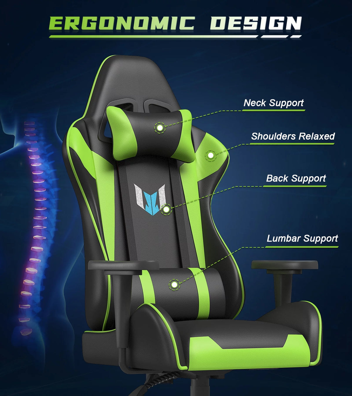 Black Green Gaming Chair with Headrest and Lumbar Support Z406