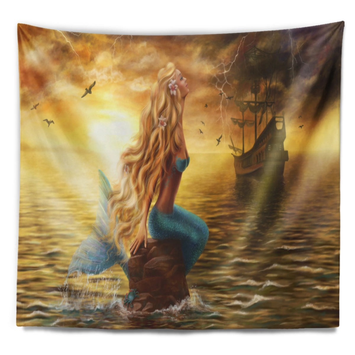 Sea Mermaid with Ghost Ship Seascape Wall Tapestry Q9011