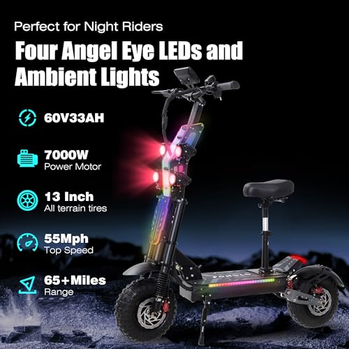 Electric Scooter 7000W Brushless Motor 60V 33Ah Li-Ion Battery 13" All Terrain Tires Full Suspension Adjustable Handlebar Height with Seat I6297