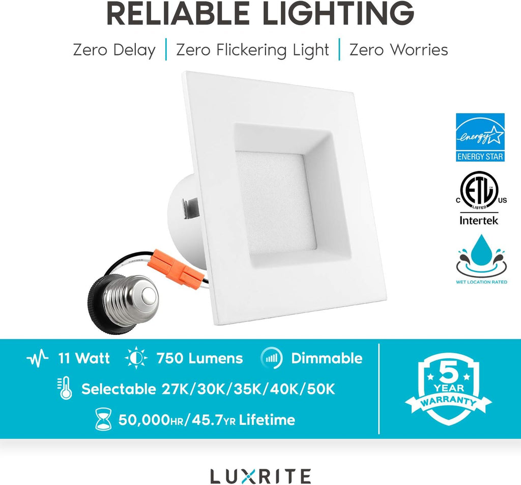 4 Inch Square Recessed LED Can Lights, Selectable CCT, Dimmable, 750 Lumens, CRI 90, Wet Rated (4 Pack) A747
